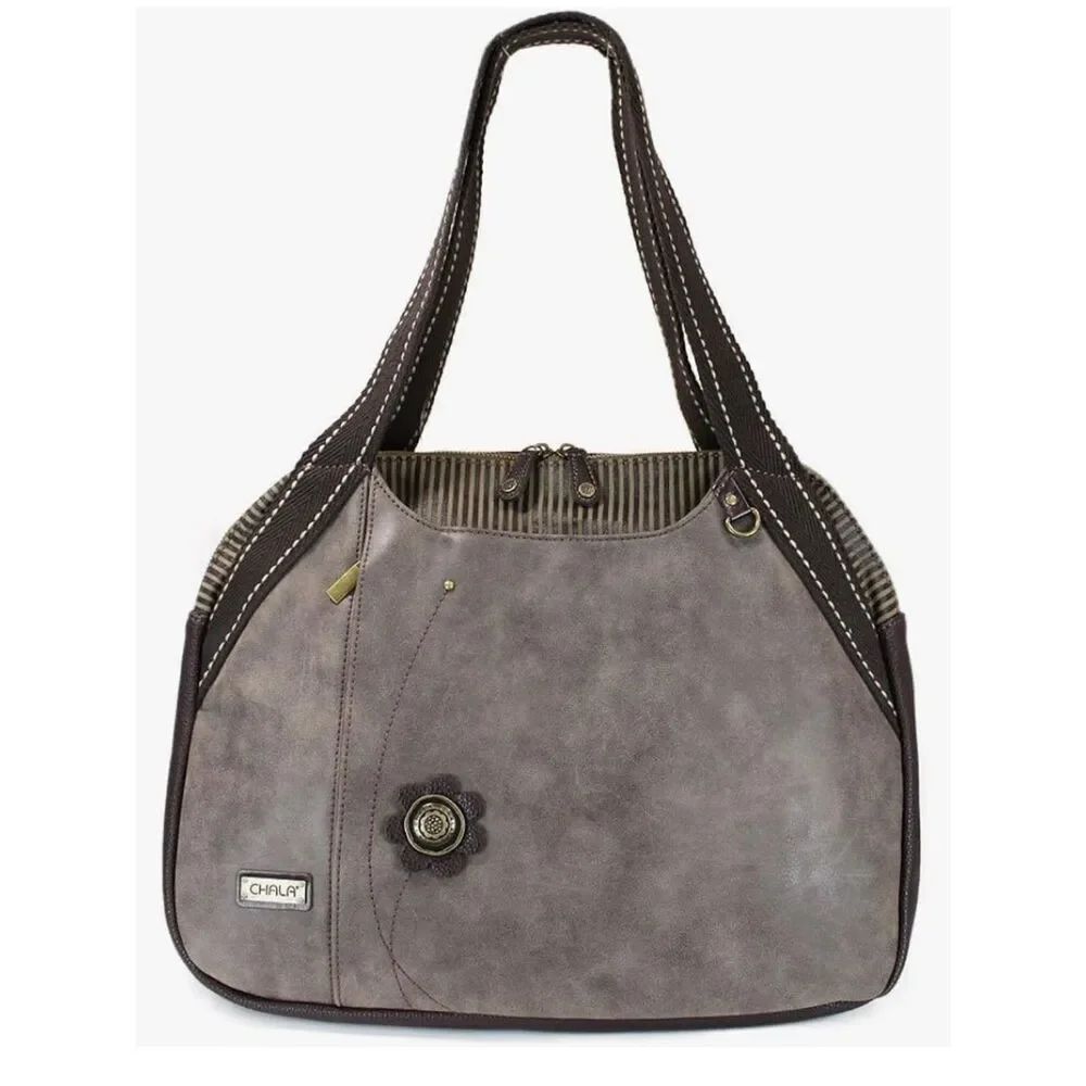 Chala Brown Faux Leather Stripe Textile Double Handle Large Shoulder Tote Bag